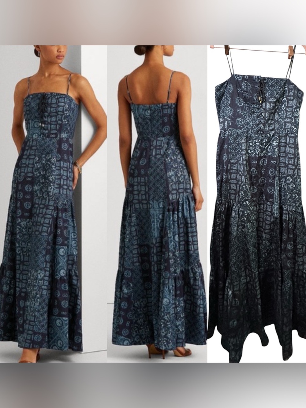 Ralph Lauren Blue Patterned Tie Front Maxi Dress NWT 6